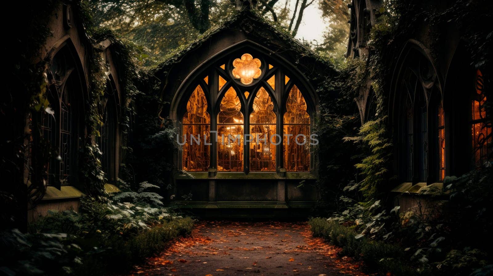 Haunted house in a creepy forest at night. A creepy haunted house with a weathered, vintage look for Halloween and other spooky occasions.AI generated