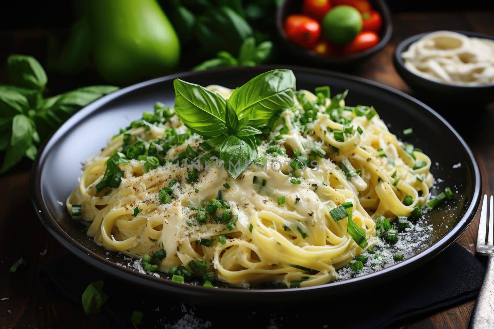 Pasta spaghetti with zucchini, green peas and cream sauce on black stone background. Vegetarian vegetable pasta. Zucchini noodles. Top view with copy space.