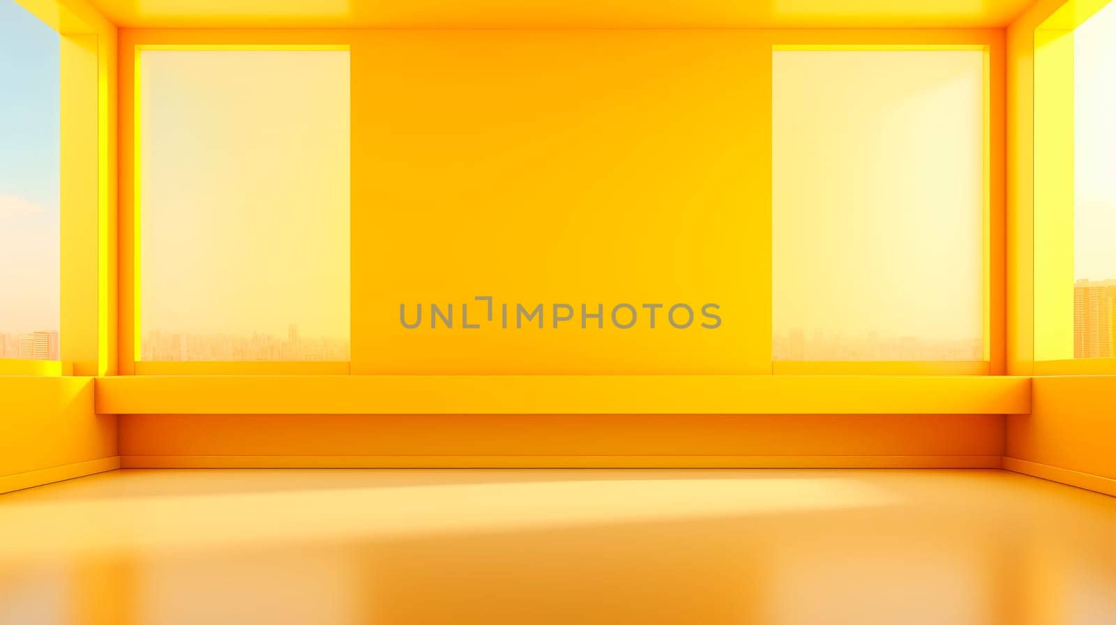 Empty Living Room Apartment Modern Interior. Light Home Living Room With Windows And Yellow Wall With Ceiling. Real Property Inside Design.AI generated