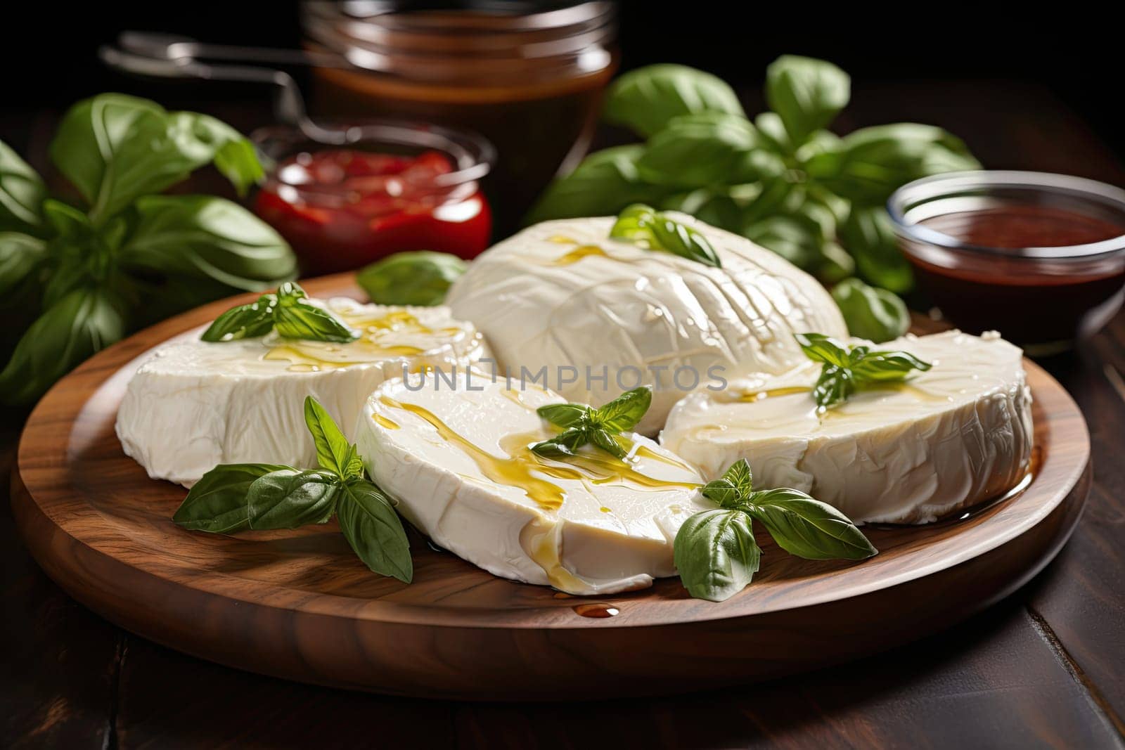 Mozzarella cheese balls with tomatoes and basil. Dark slate background. Top view.