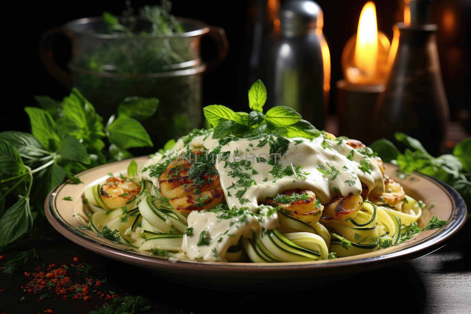 Pasta with zucchini, basil and cream sauce
