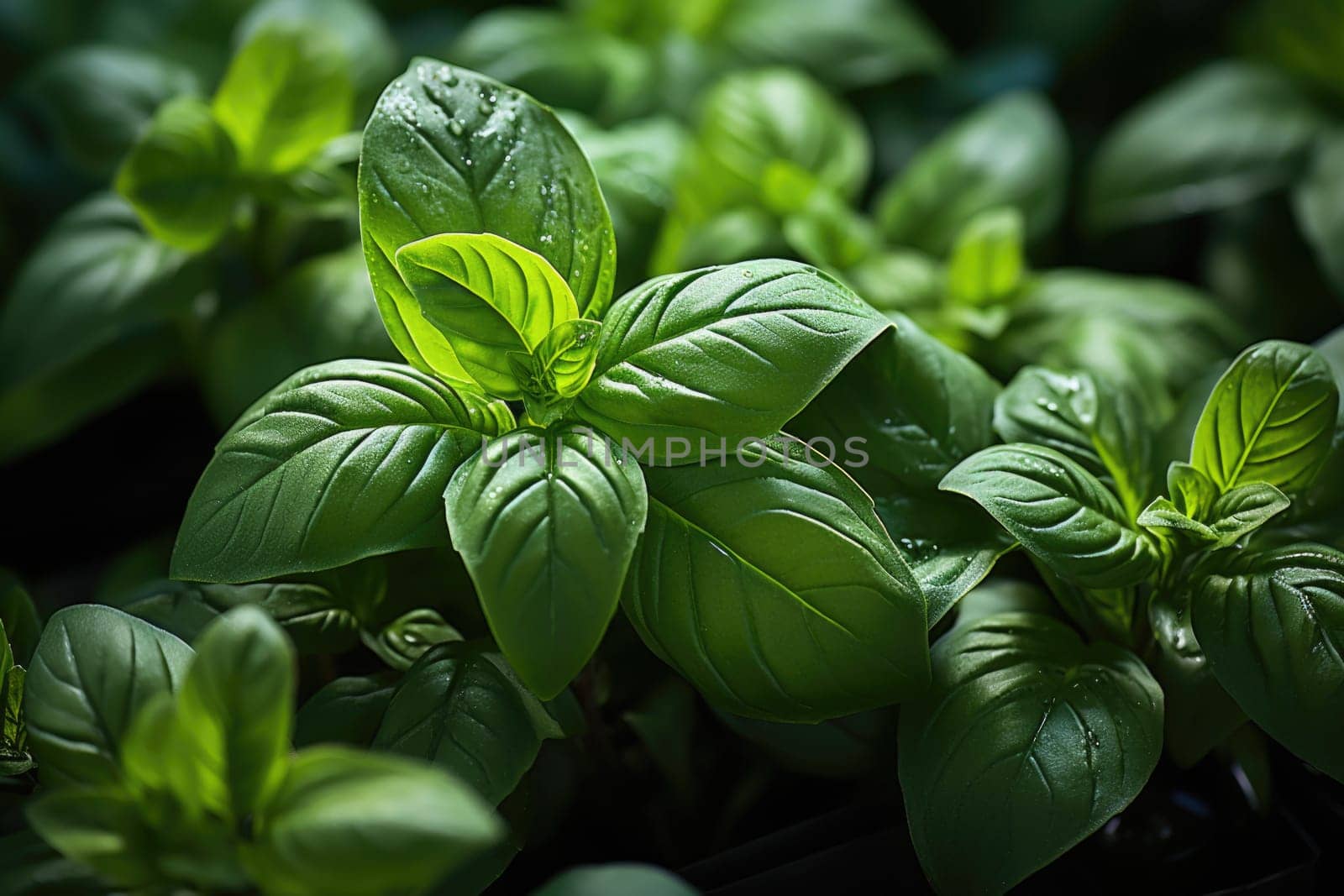 Top-down picture of Genovese basil plants. Basil (Ocimum basilicum), also called sweet basil, is a tender plant, and is used in cuisines worldwide. This cultivar is used for the famous Genoese pesto.