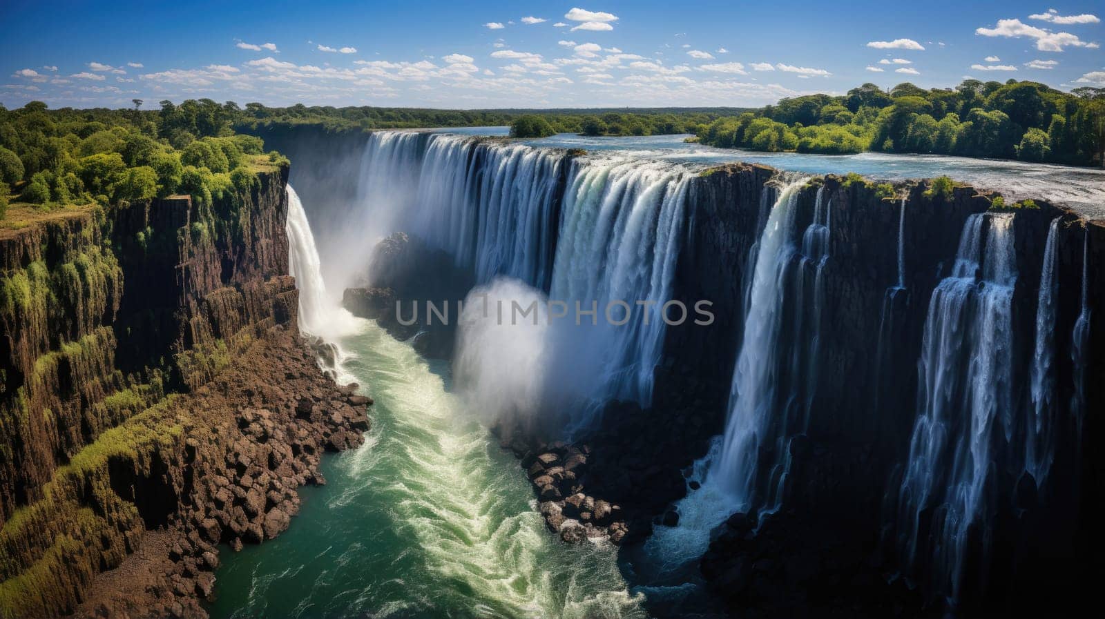 The famous Victoria Falls on the Zambezi River in South Africa. At the end of the rainy season, the waterfall most high water.