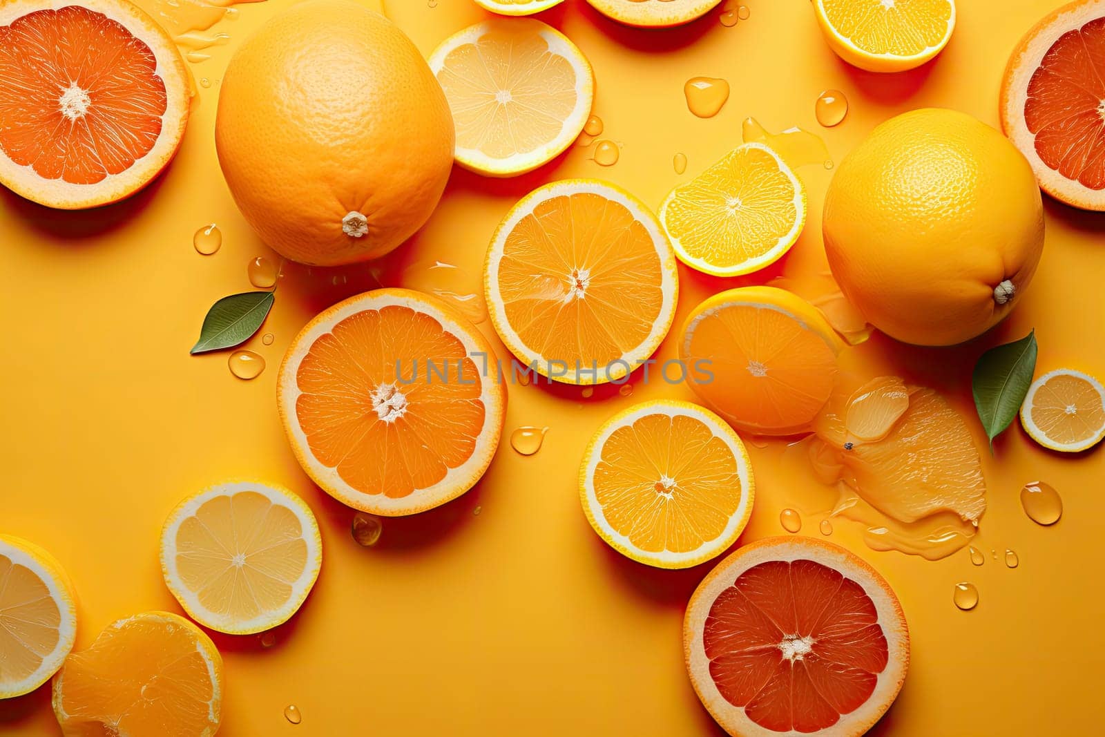 Creative summer pattern made of oranges and green leaves on pastel yellow background. Fruit minimal concept. Flat lay.