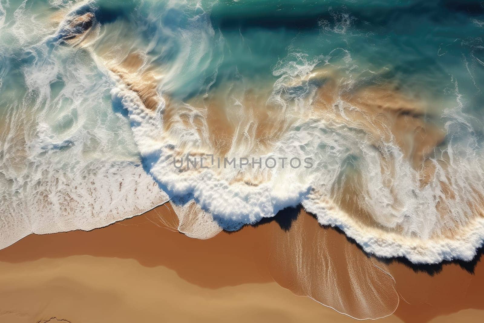 Close up of ocean waves rolling onto a beautiful beach with pink sand at sunrise. Sandy coastline with white turquiose sea waves. Soft wave of the sea on sandy beach with white clean foam.