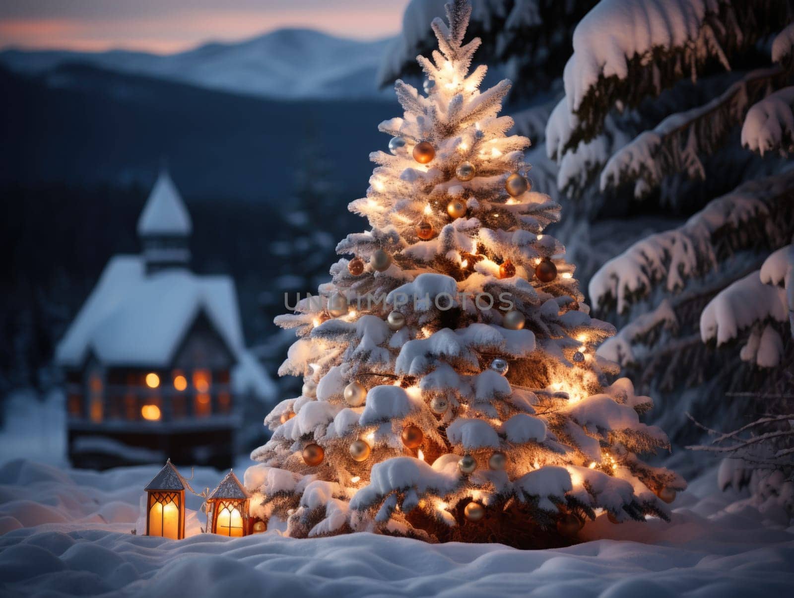 This Snow Covered Christmas Tree stands out brightly against the dark blue tones of this snow covered scene.