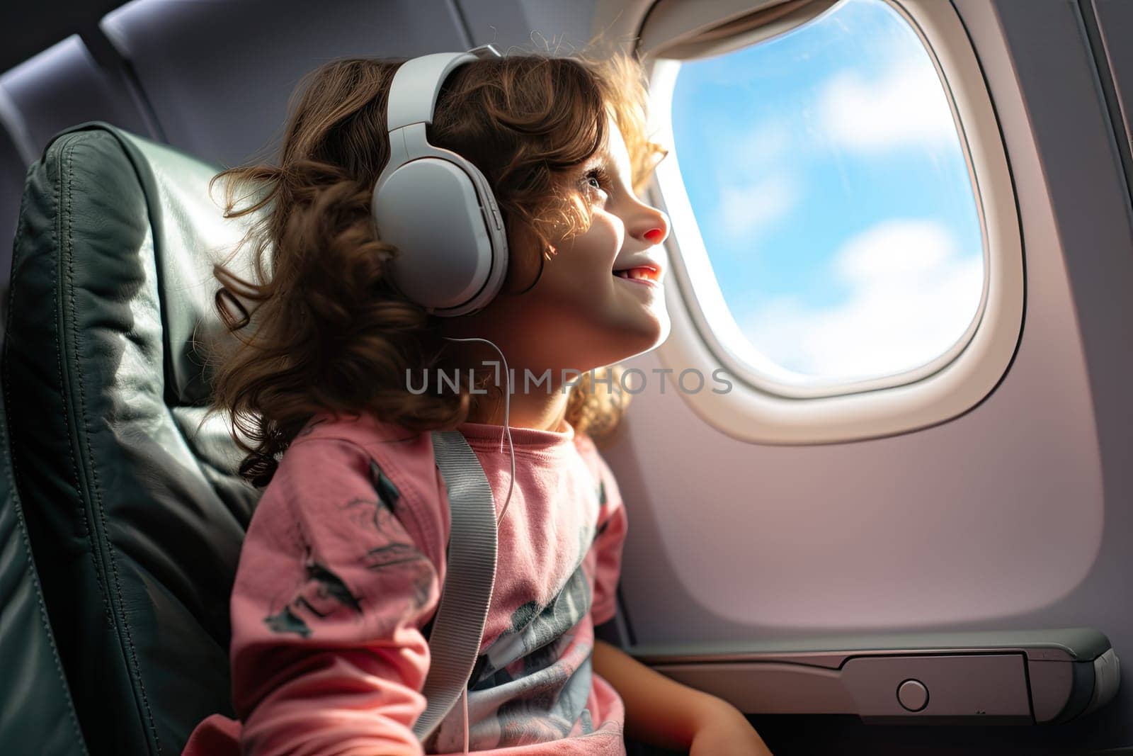 Boy looking aerial view of sky and cloud outside airplane window while sitting on airplane seat.