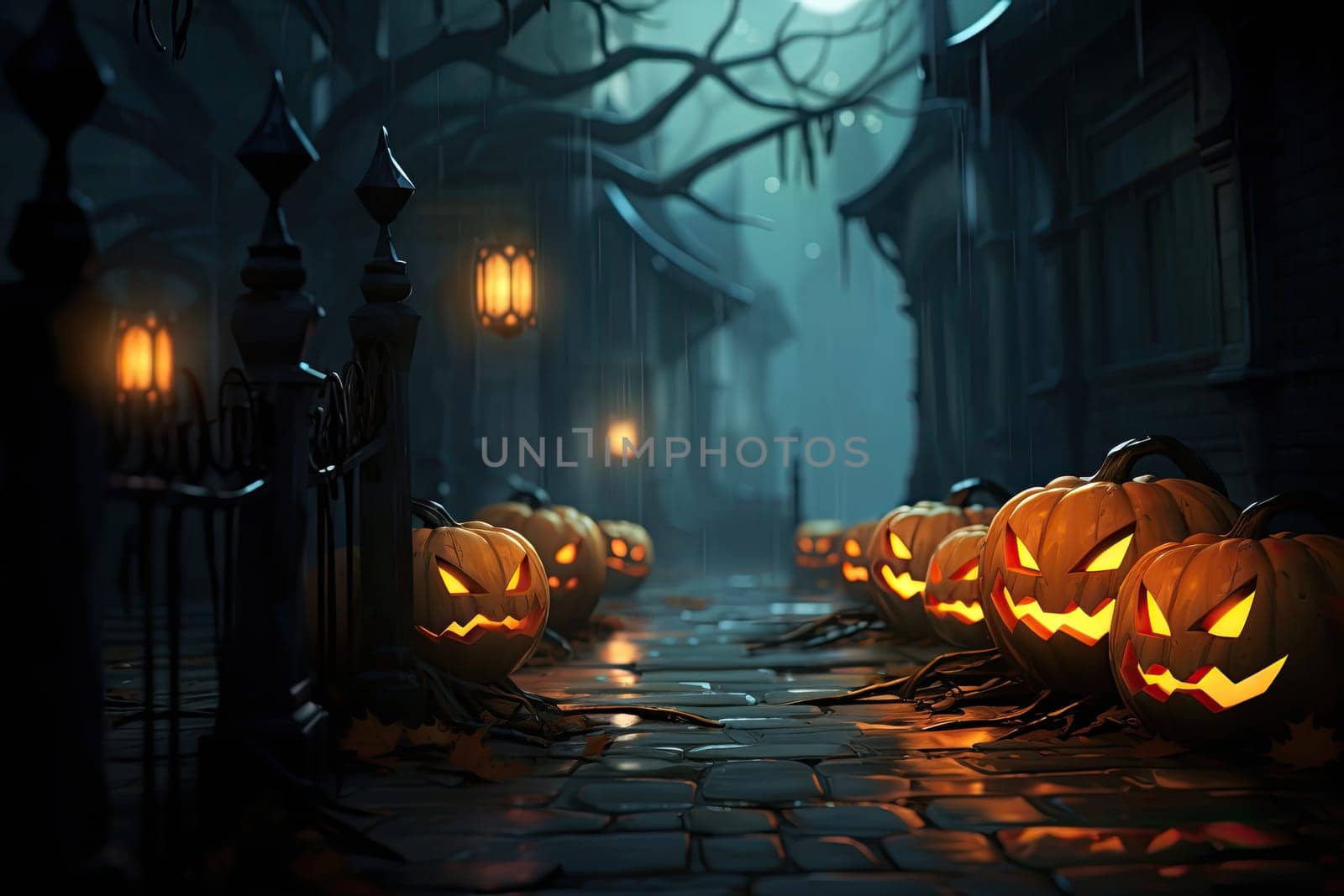 Pumpkins In Graveyard In The Spooky Night - Halloween Backdrop.