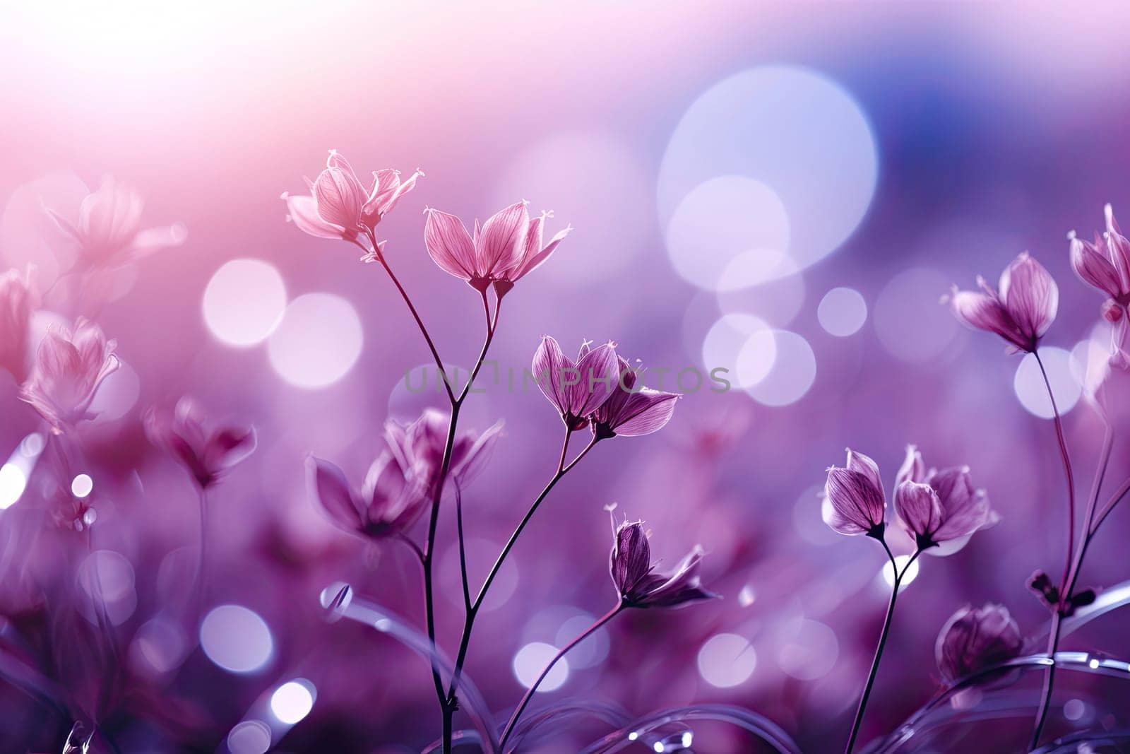 Beautiful Wide Angle soft spring background with lilac flowers. Panoramic pastel floral pink and purple template Web banner. greeting card with Copy Space