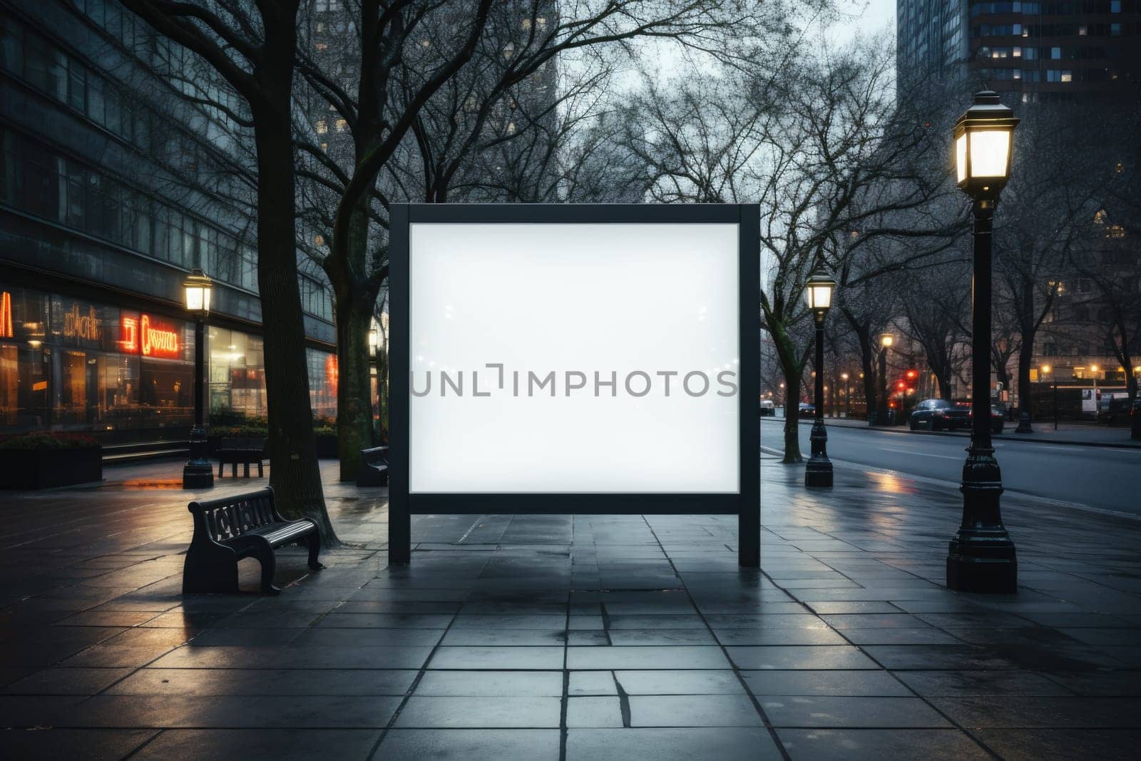 Brightly lit blank billboard stands out from the downtown area around at the early evening hours. Good as copy space for demonstrations etc.