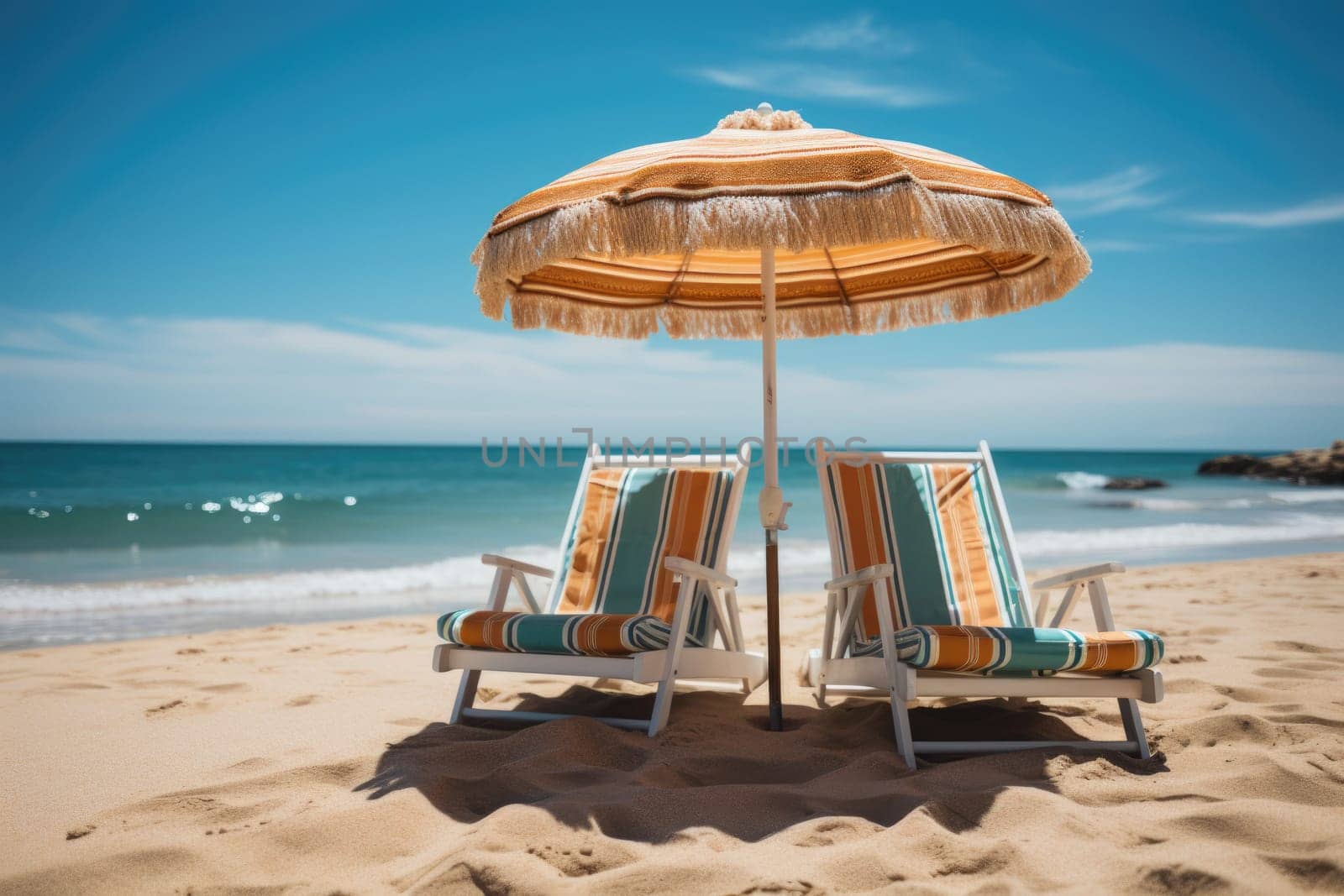 Beautiful beach. Chairs on the sandy beach near the sea. Summer holiday and vacation concept for tourism. Inspirational tropical landscape. Tranquil scenery, relaxing beach, tropical landscape design