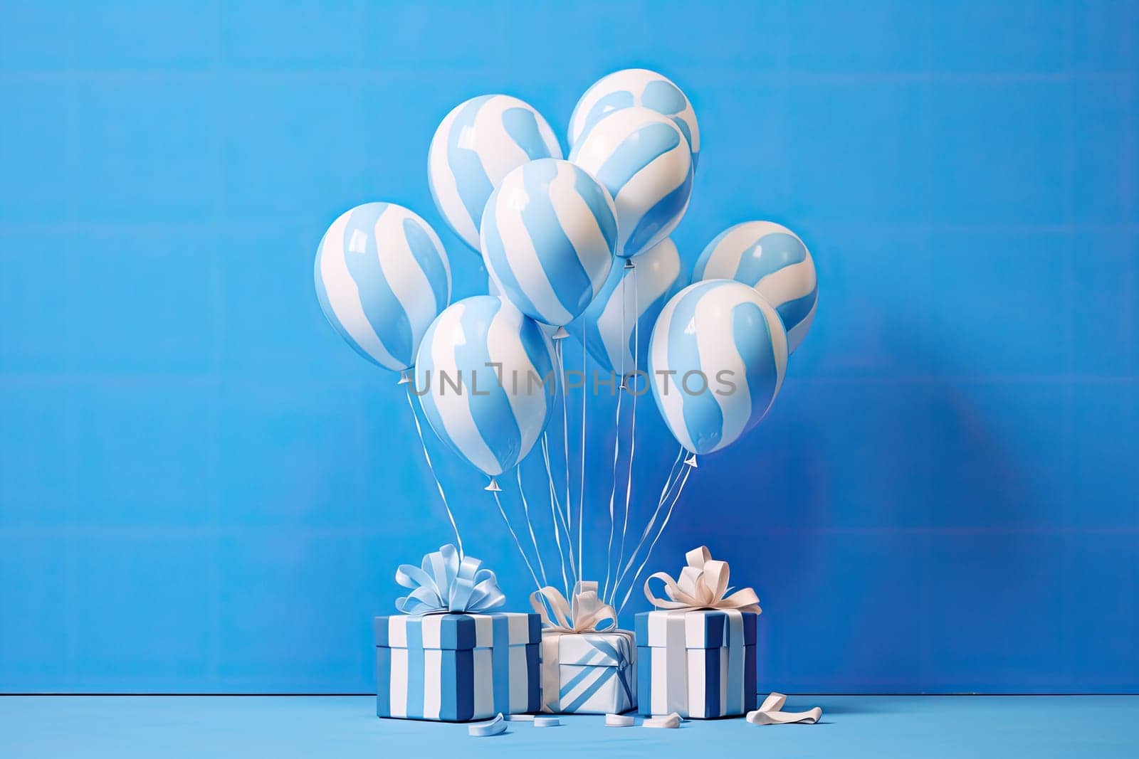White gift box with blue ribbon and white balloon with blue stripes on blue background. minimal birthday and celebration concept.