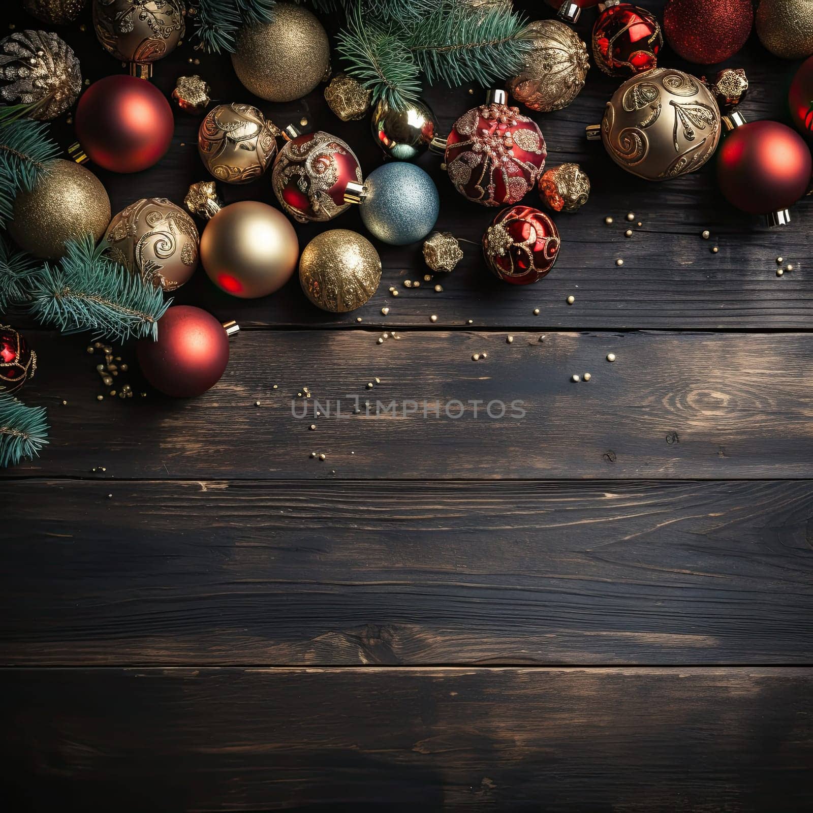 Christmas background with fir tree and decoration on dark wooden board.
