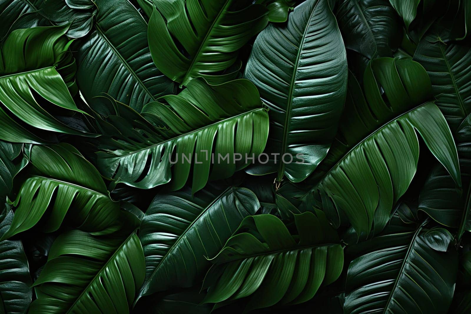 Green leaves background. Green leaves color tone dark in the morning.