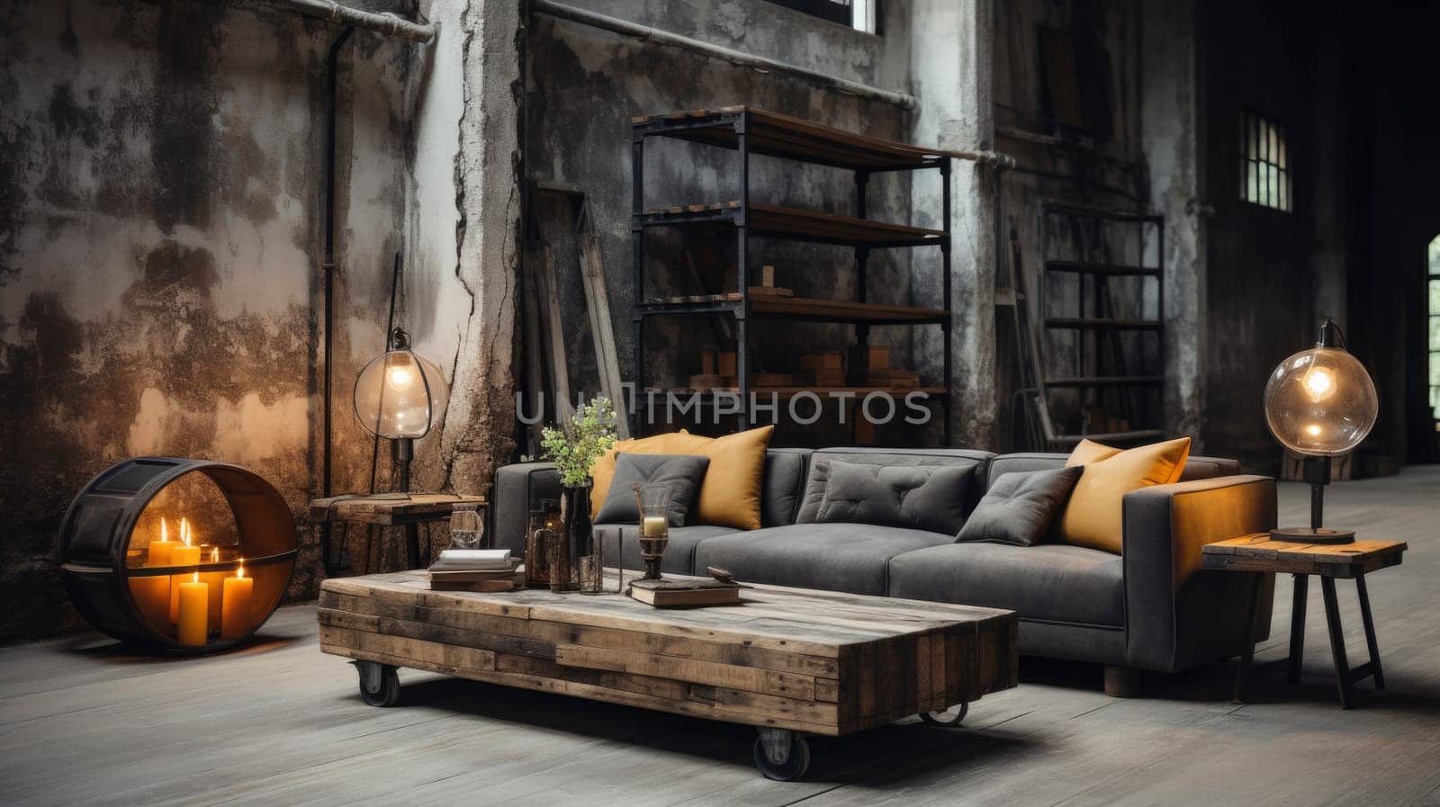 Spacious industrial interior design with high ceillings and dark colors. living room with sofa, fireplace and dining table. Monochromatic color palette Modern loft interior
