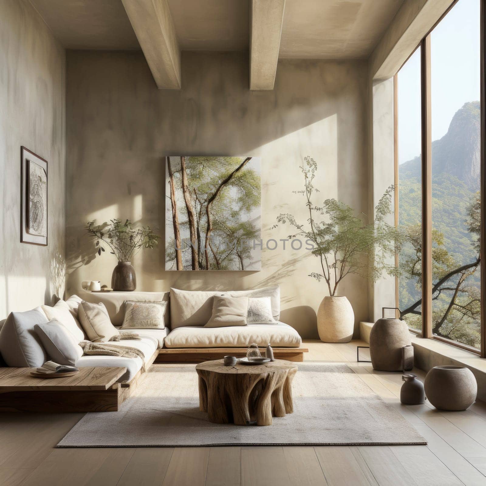 Livingroom of bright minimalist modern interior design huge bright apartment. Sunny room with large windows and sun.