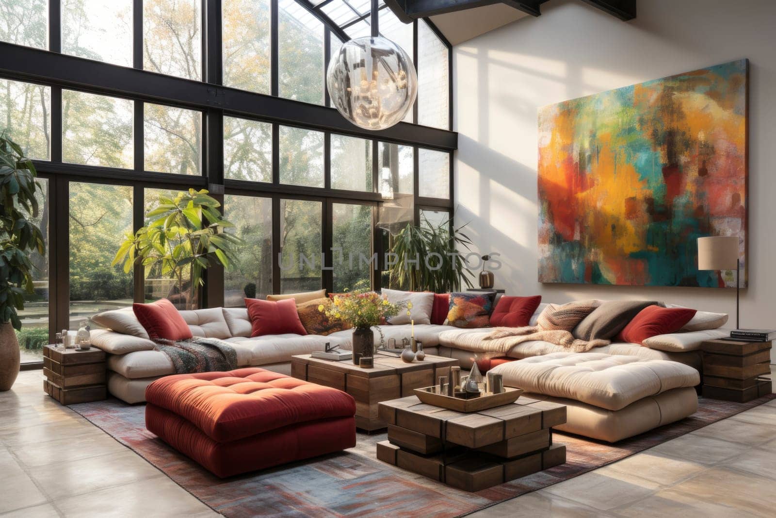 Concept of interior design in boho chic style with alrge windows and a lush garden. Bohemian living room with comfortable couch, cushions, wooden coffee table and home decor. Modern abstract painting on the walls.