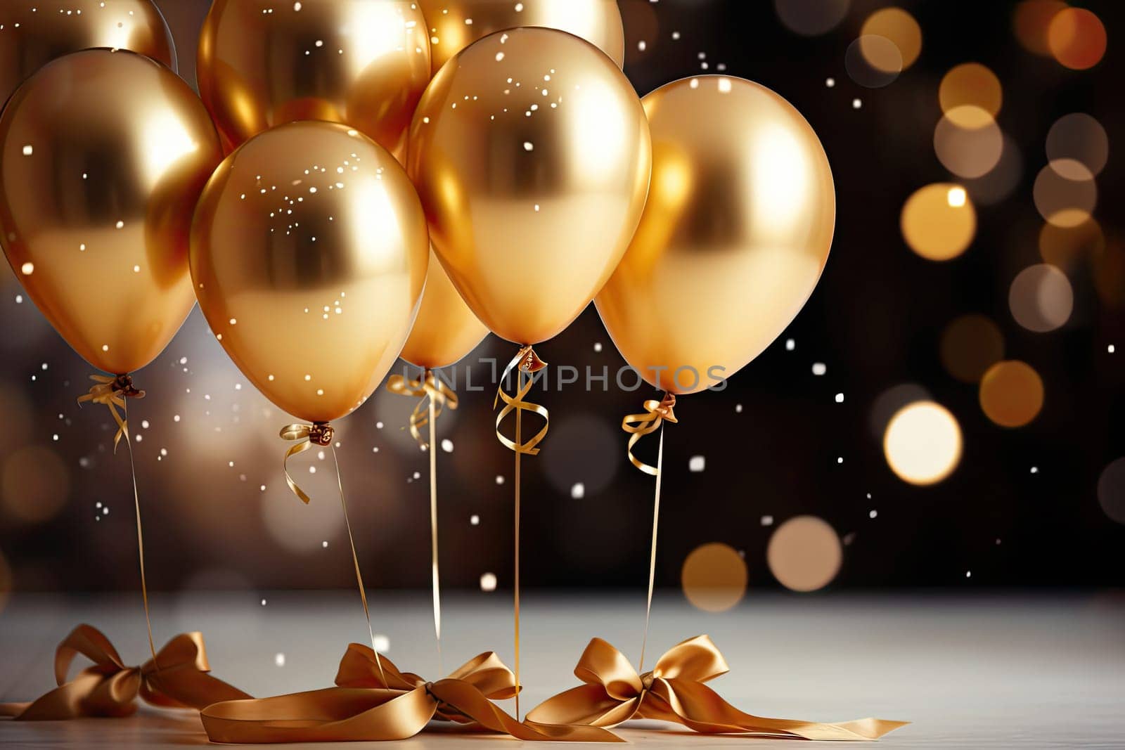 Colorful golden balloon in dark room. Balloons in room decorated for birthday party. On a golden bokeh background.