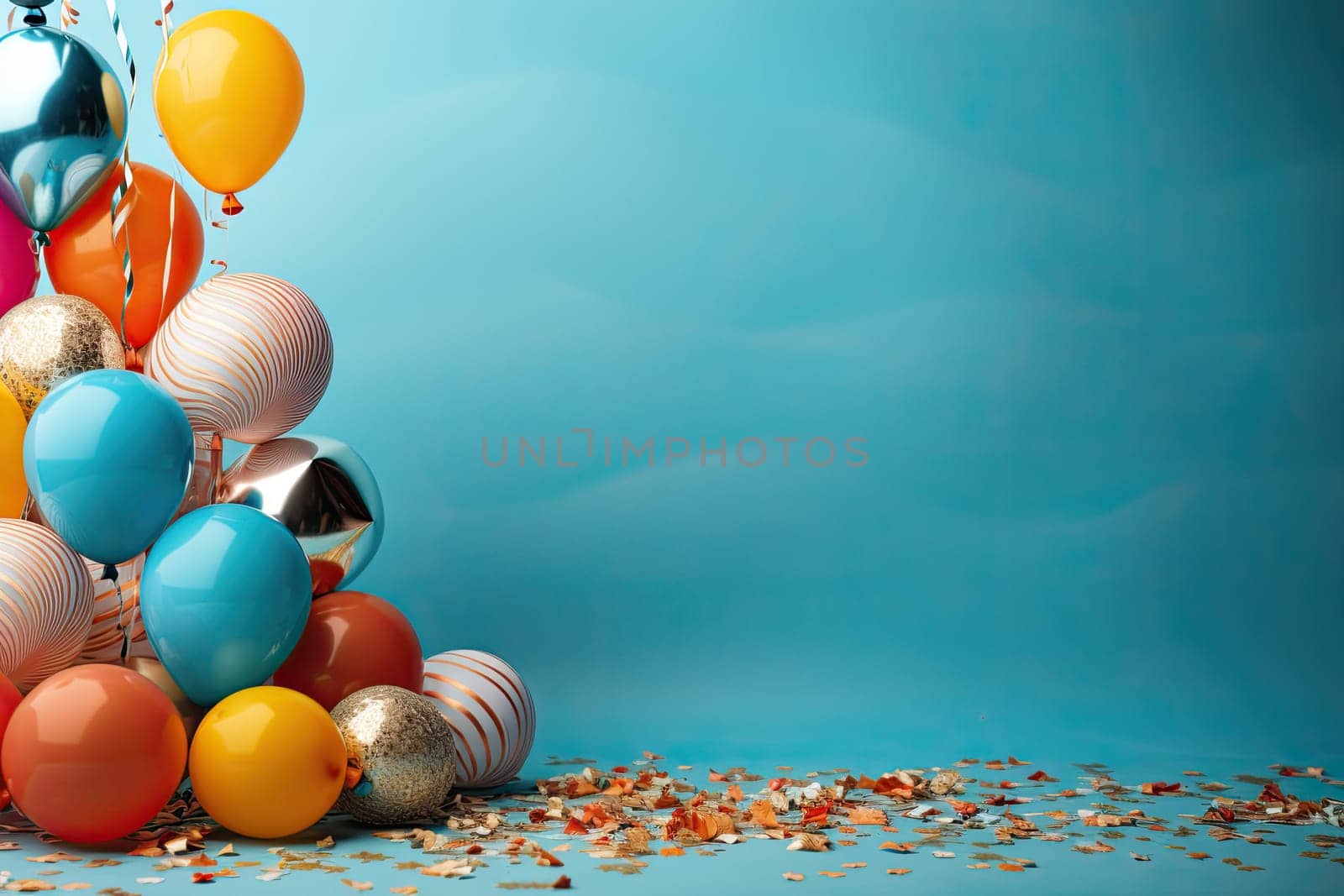 Multicolored carnival or birthday background on blue with a frame of colorful party balloons, streamers, confetti and candy around central copy space.