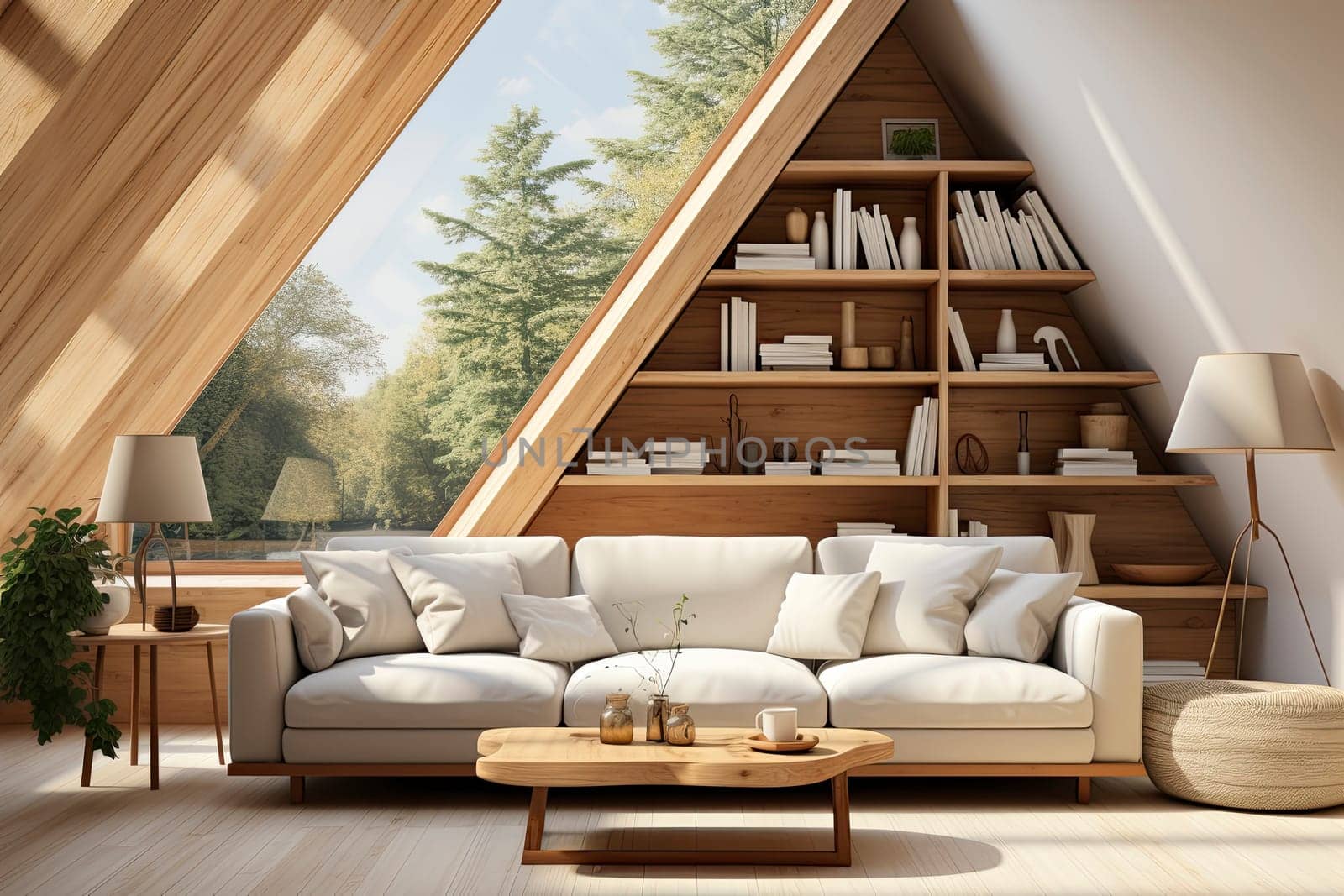 Modern scandinavian interior of living room with design light sofa, armchair, a lot of plants, coffee table, carpet and personal accessories in cozy home decor.