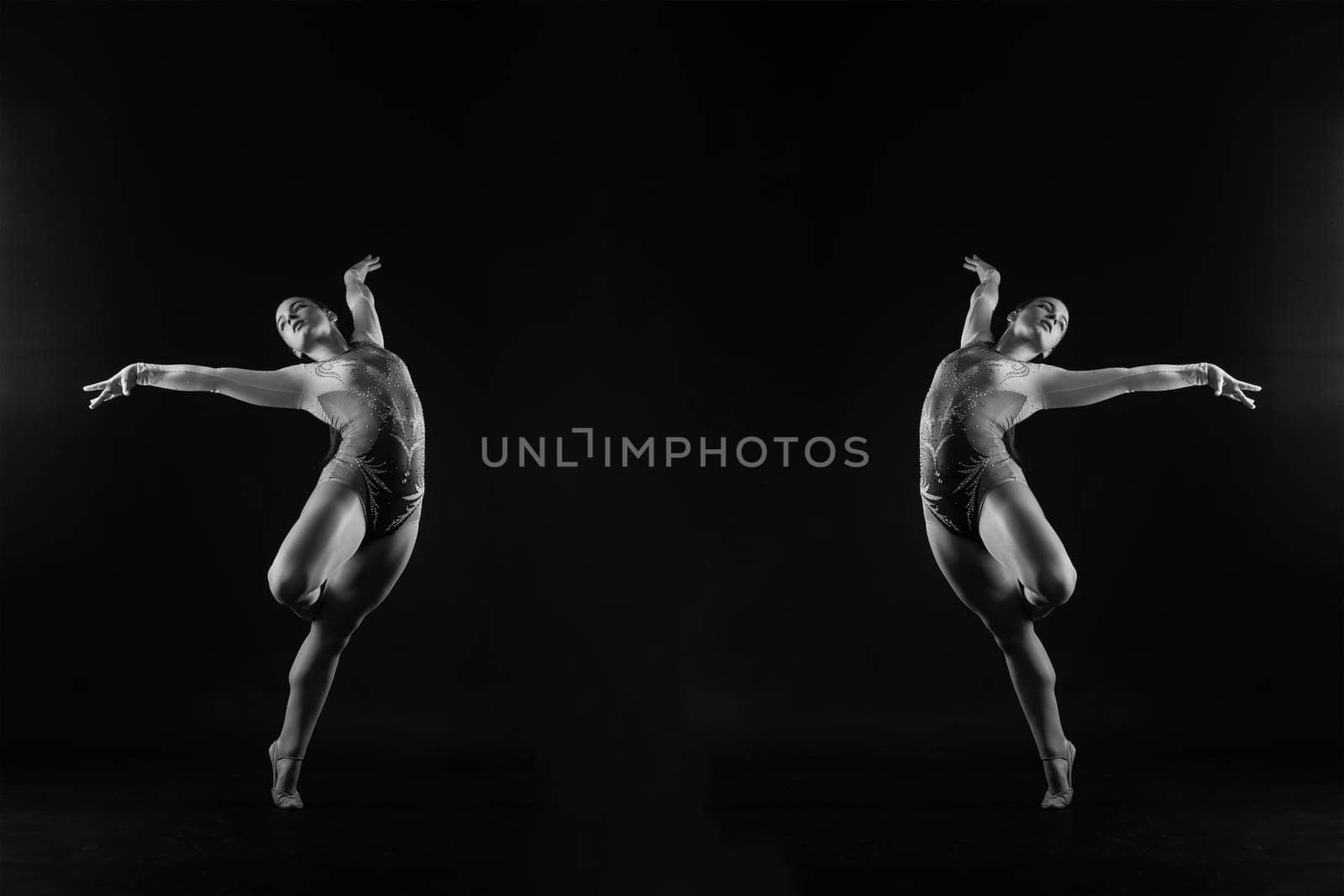 Dancing flying girl, jumping in a studio shooting, sport and dance