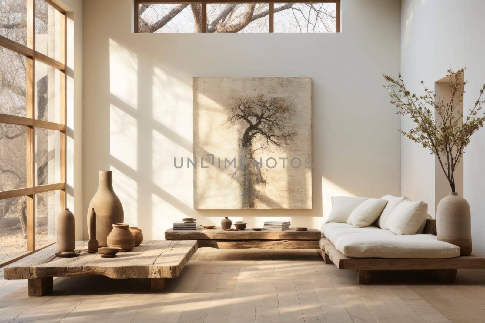 Livingroom of bright minimalist modern interior design huge bright apartment. Sunny room with large windows and sun.