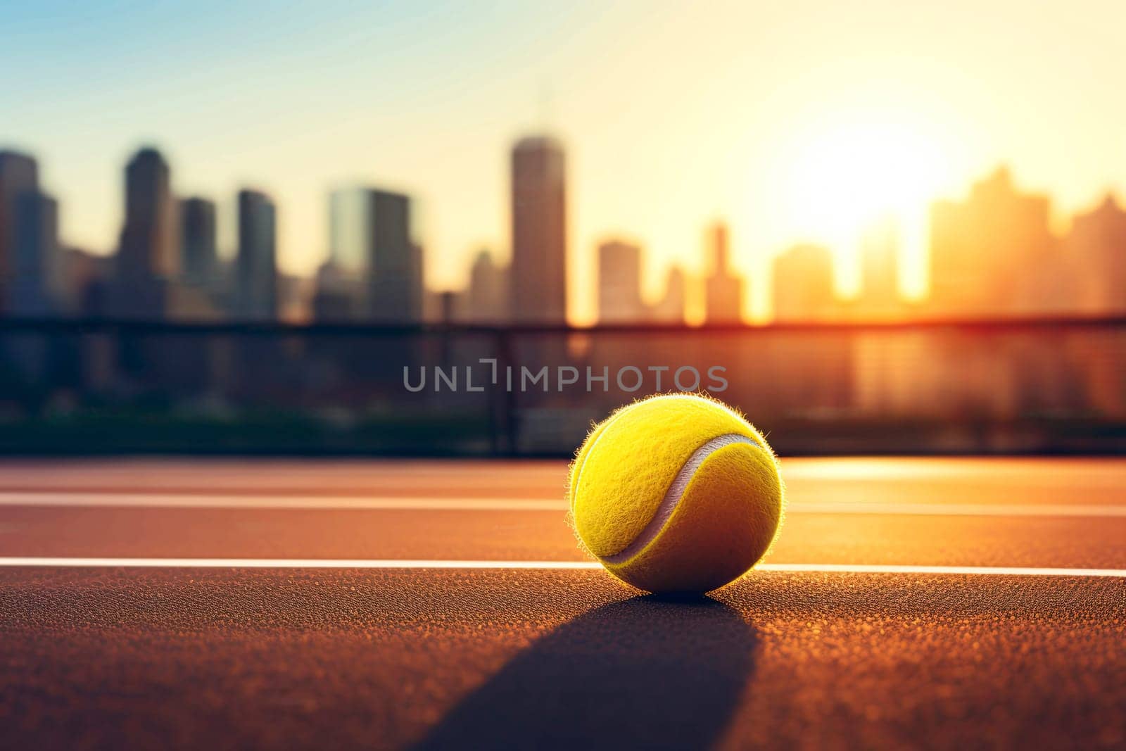 Tennis ball under late evening sunlight in a public tenniscourt in a big city.