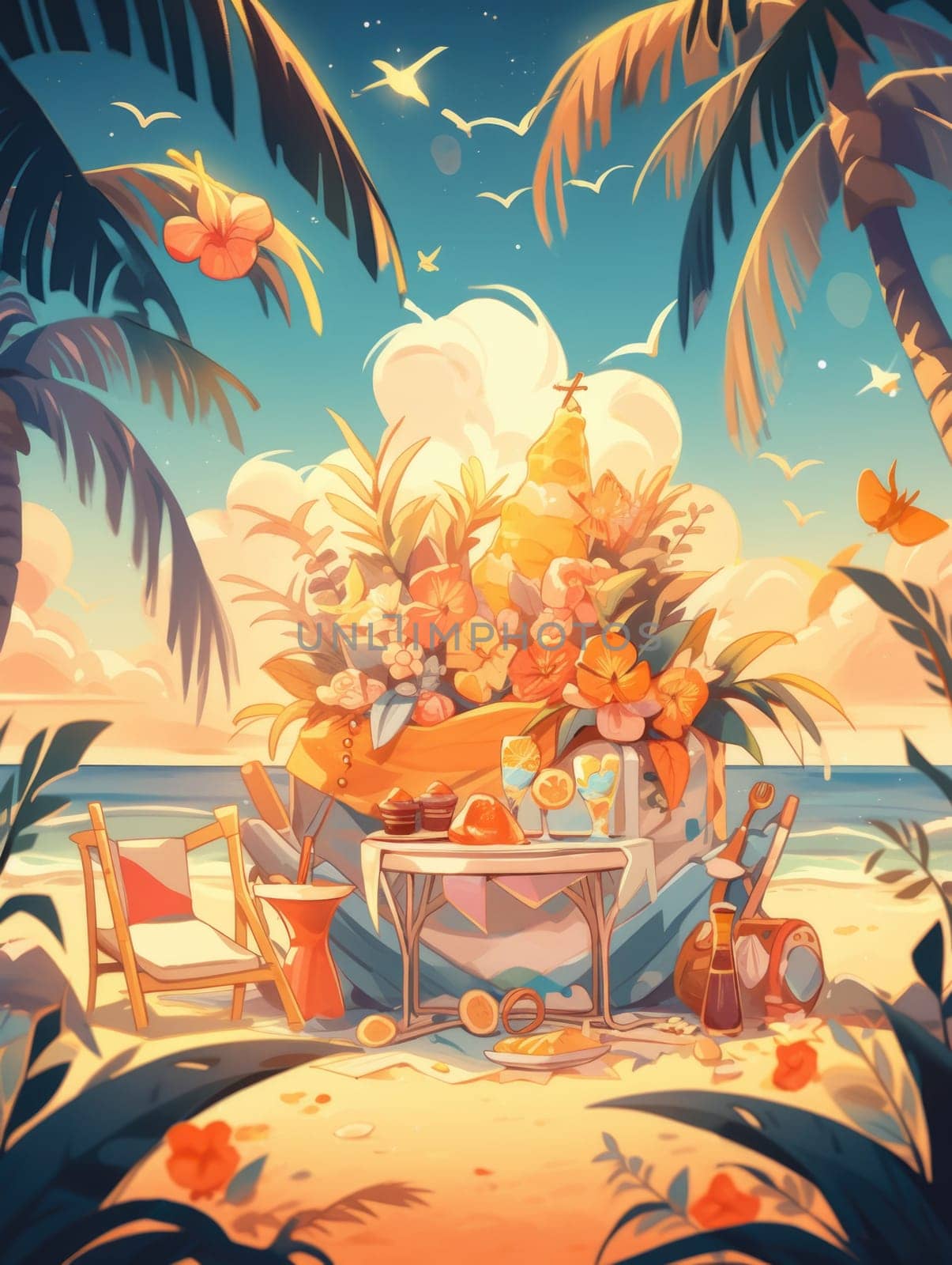 Bright colorful party card of a tropical joyfull celebration setting with drinks and snacks. A central copy space for your greeting , invitation or advertising.