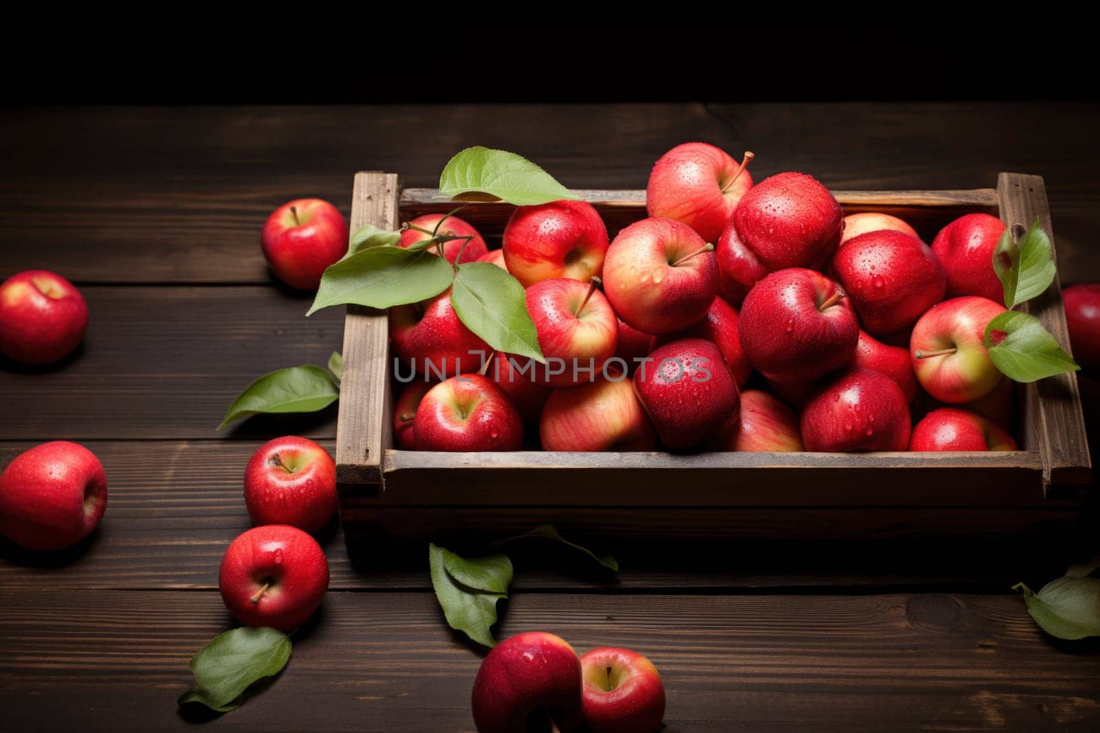 fresh red apples with leaves in a wooden box, top view.