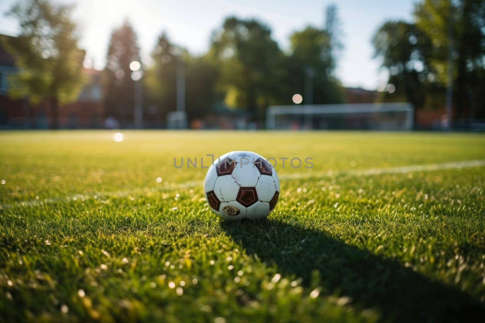Soccer ball on the white line on the grass, which marks the area of the soccer field. In the blurred background.