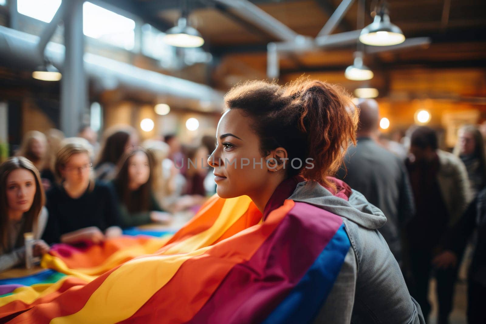 Mixed race young woman at women empowerment strike holding rainbow flag. Proud multiethnic lesbian girl in rally to protest on equality for gay. Girl with group of activists during gay pride parade.