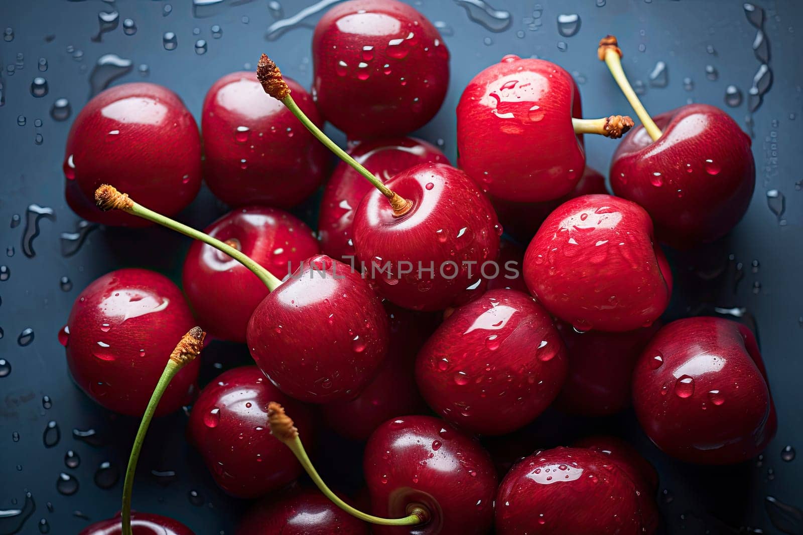 Sweet red cherries washed on a wooden background in a colander with green twigs