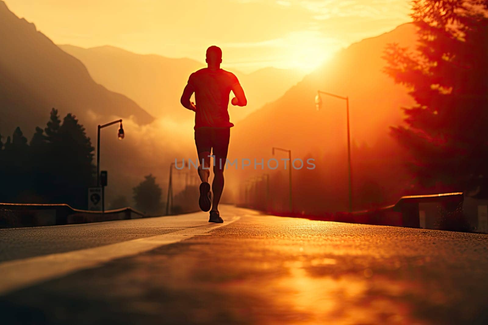 Silhouette of a jogger running along a road with the sun in his face