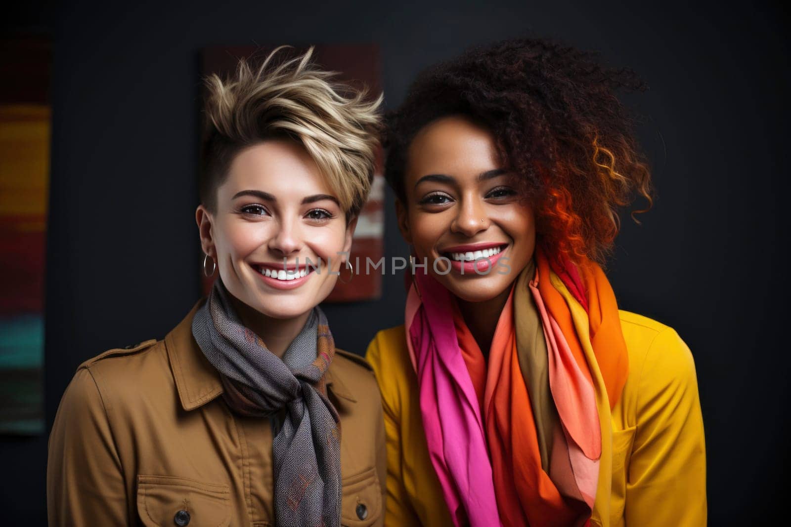 Lesbian young women. Happy marketing, love and fun together against studio background. Lgbtq community, gen z and freedom with style and lgbt people with pride