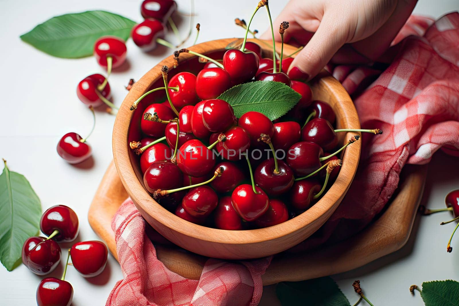 Juicy cherry berries in a wooden bowl on a wooden background.