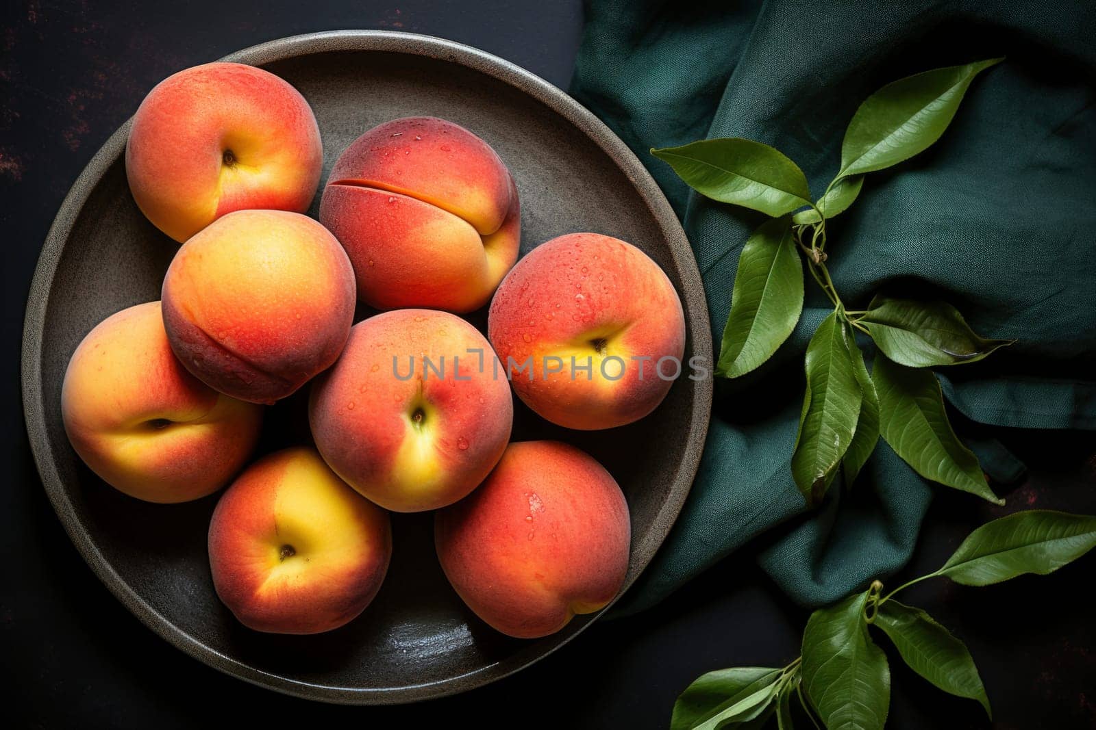 fresh ripe peaches with leaves in a bowl on a wooden table, top view