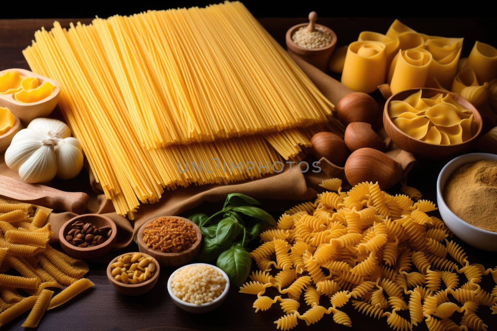 Layout of Italian raw pasta, different types and shapes of pasta.