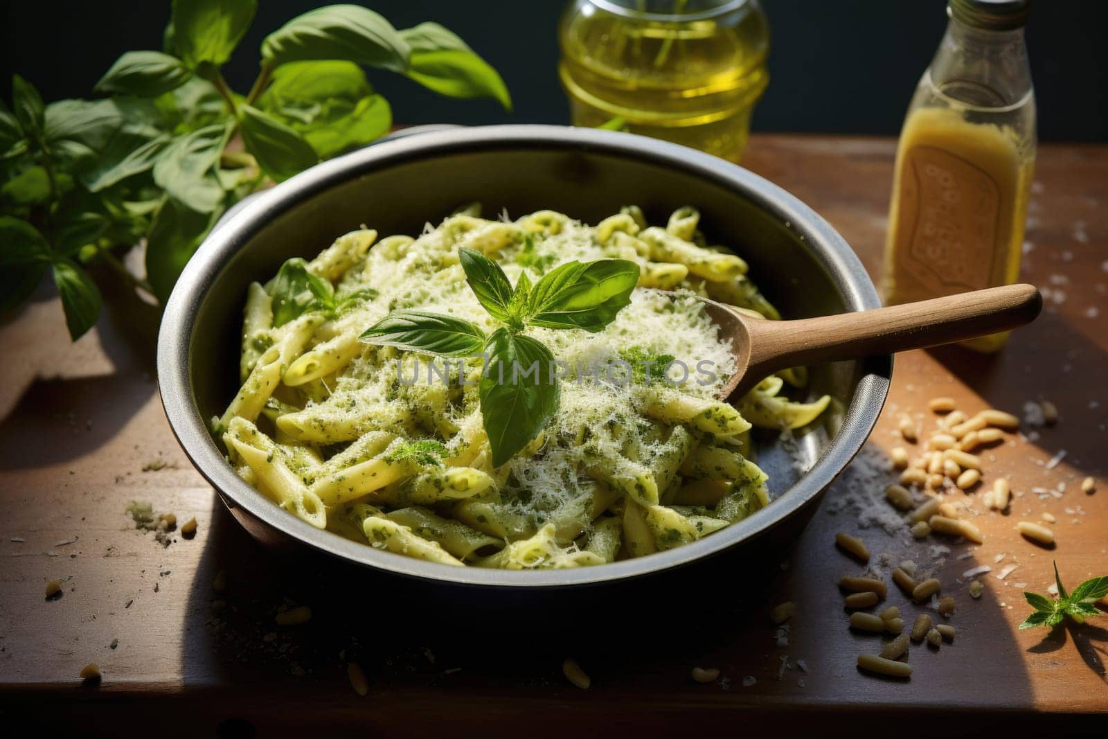 Pasta spaghetti with basil pesto sauce in saucepan. White wooden background. Top view.