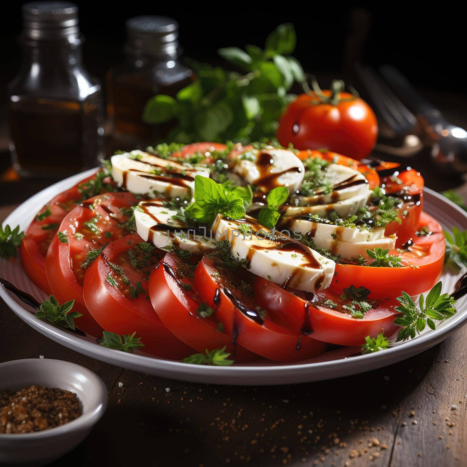 Italian caprese salad with sliced tomatoes, mozzarella cheese, basil, olive oil. Served in vintage metal plate on textile napkin over dark metal background. Top view. Rustic style.
