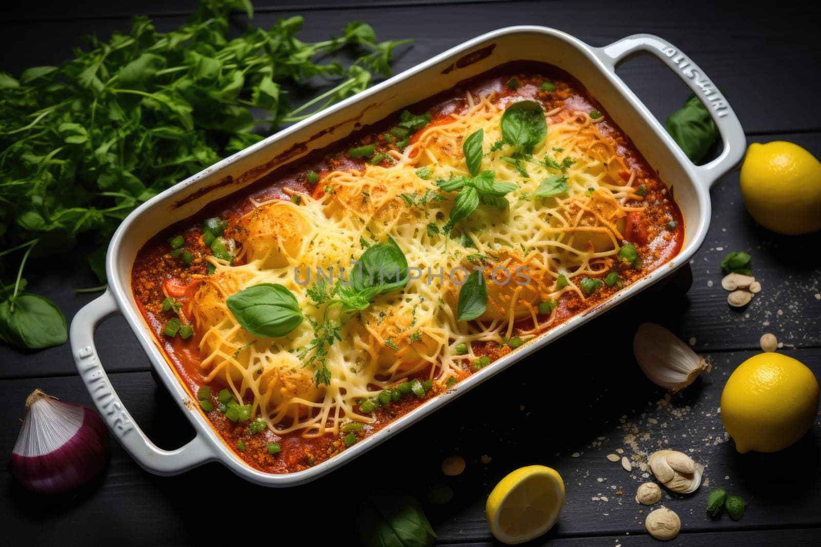 Homemade lasagna ready to eat in metal baking tray served with basil leaves, tomatoes, and turquoise tablecloth on brown wooden background.