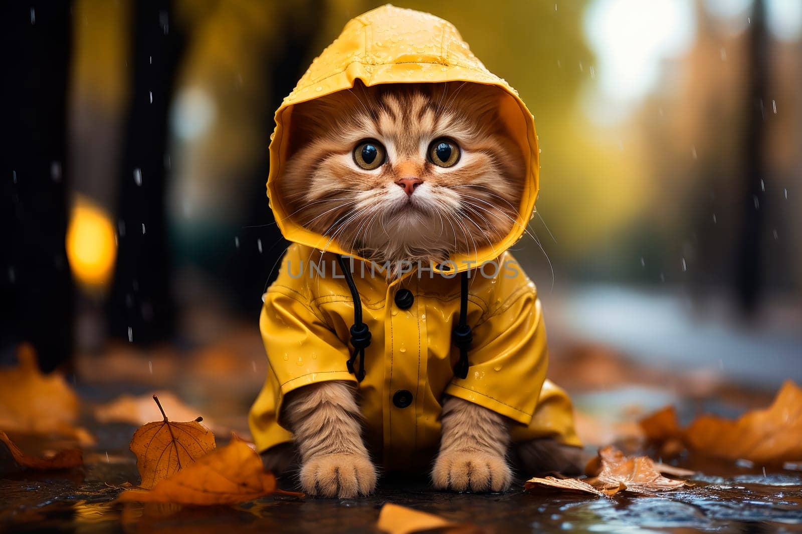 Wet stray sad kitten on a street on a rain. Concept of protecting homeless animals. AI generated