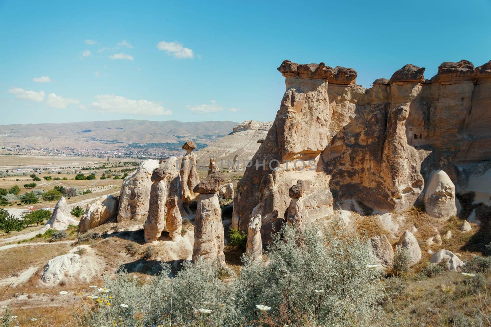 Unique geological rock formations Fairy Chimneys in Cappadocia against blue sky in summer. Popular touristic area in Goreme, Nevsehir, Turkey