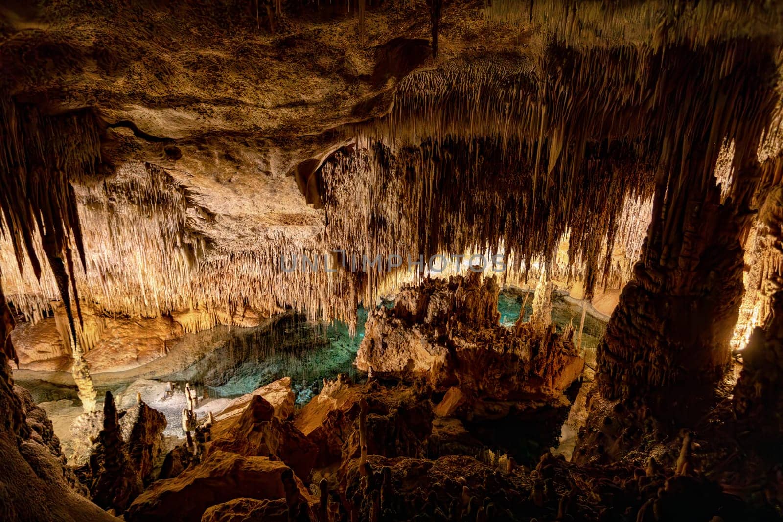 Dragon cave, Coves del Drach, (Cuevas del Drach). Stalactite mysterious underground caverns. Porto Cristo Balearic Islands Mallorca Spain. Vacation concept.