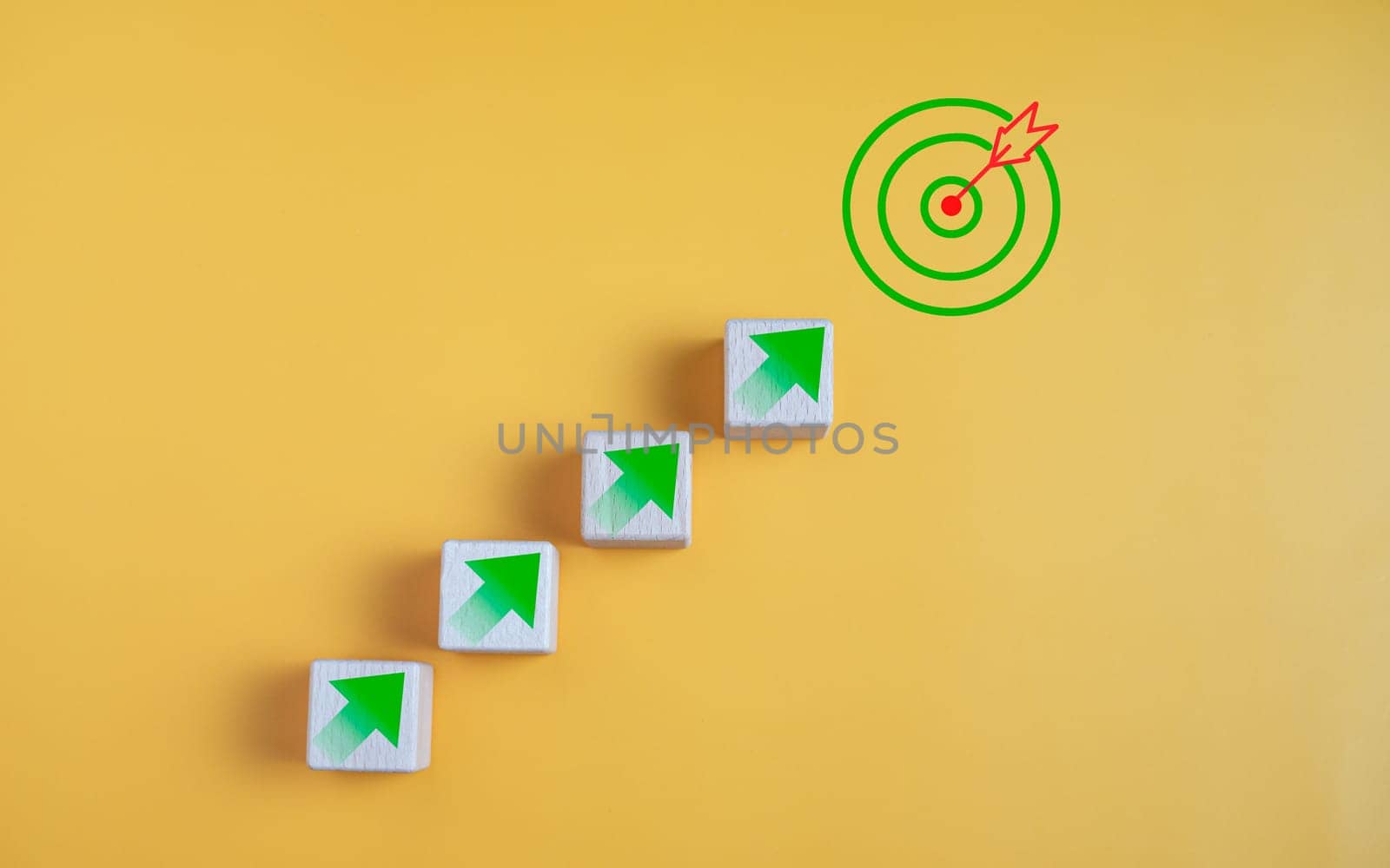 Wood cube block stacking with icon. Concept of business strategy and goal action plan.