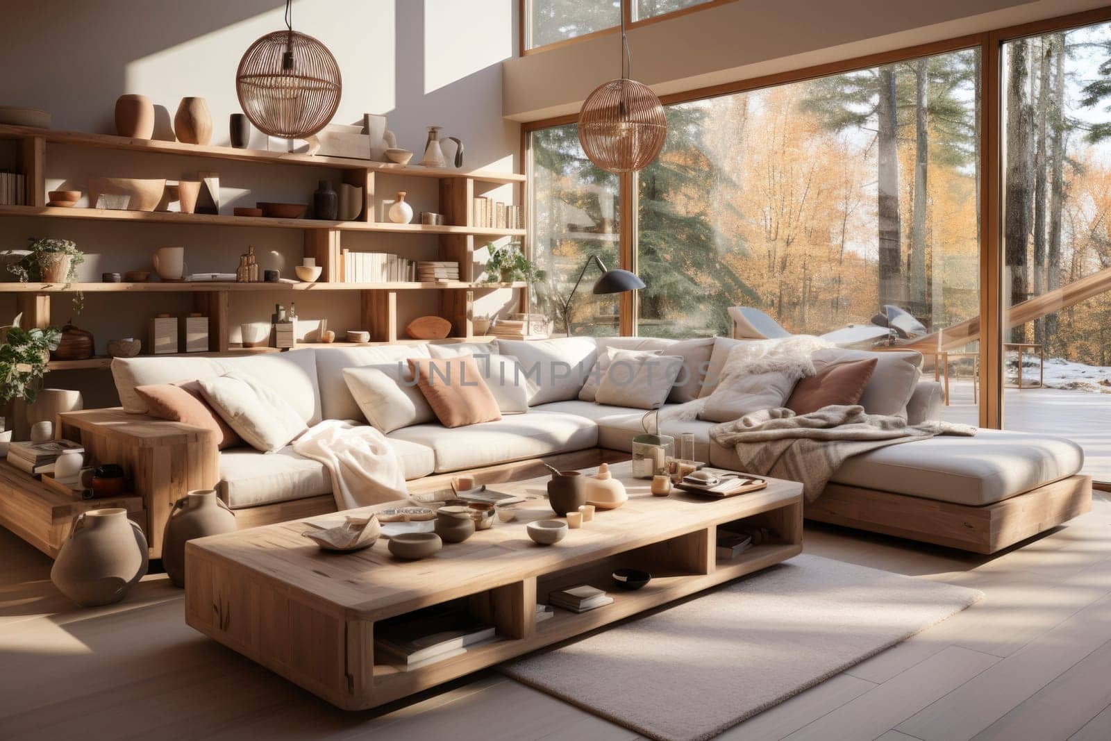Modern scandinavian interior of living room with design light sofa, armchair, a lot of plants, coffee table, carpet and personal accessories in cozy home decor.