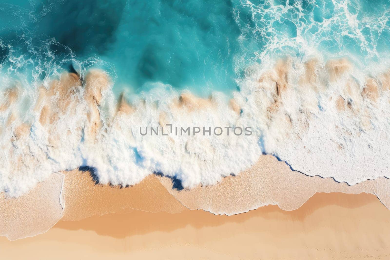 Beach Sand Sea Shore with Blue wave and white foamy summer background,Aerial beach top view overhead seaside.
