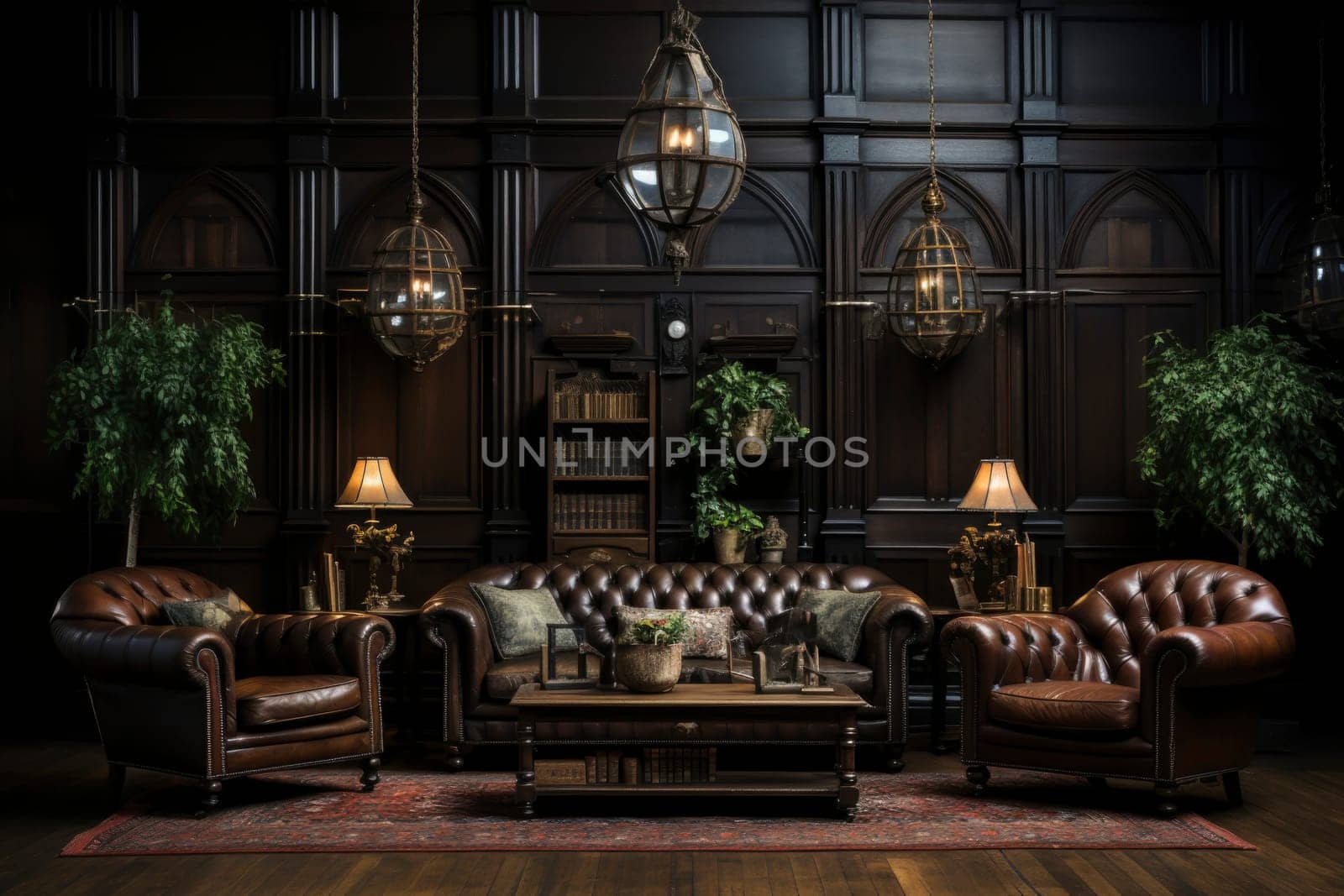 Elegant country living room with classic paneling. Furnished with 2 classic table lamps, comfortable leather chairs, sofa and a beautiful Persian carpet on the floor. Classic english society club interior.