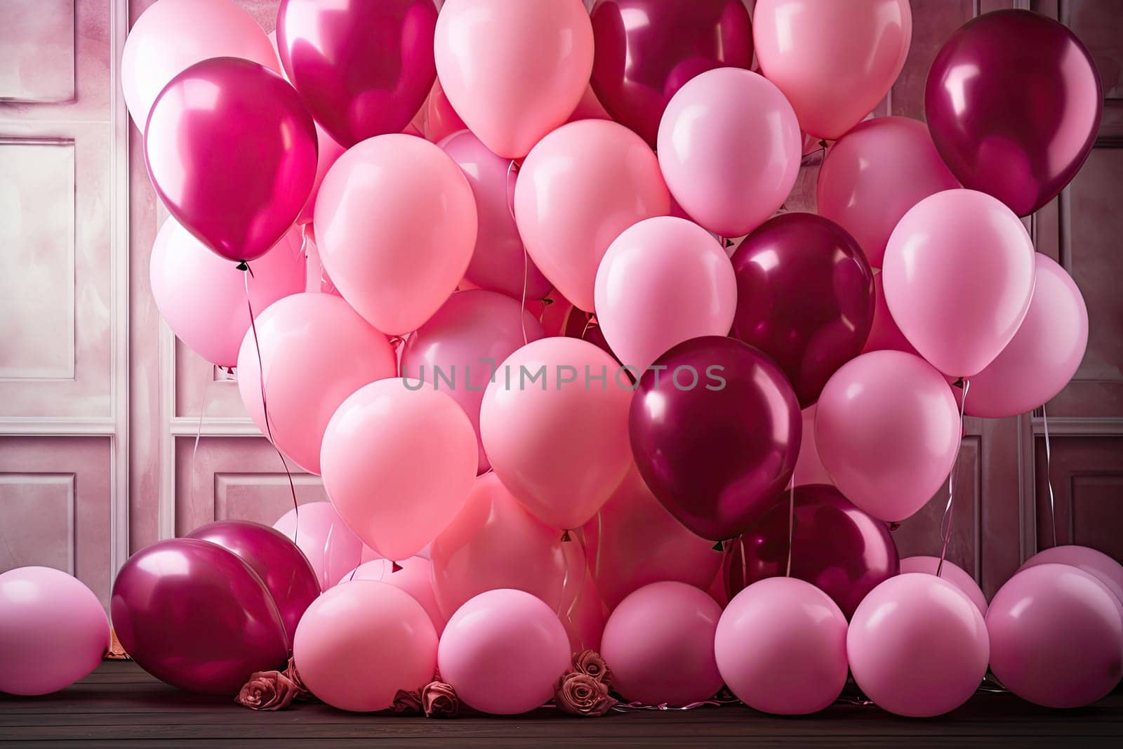Colorful pink balloons in room prepared for birthday party.