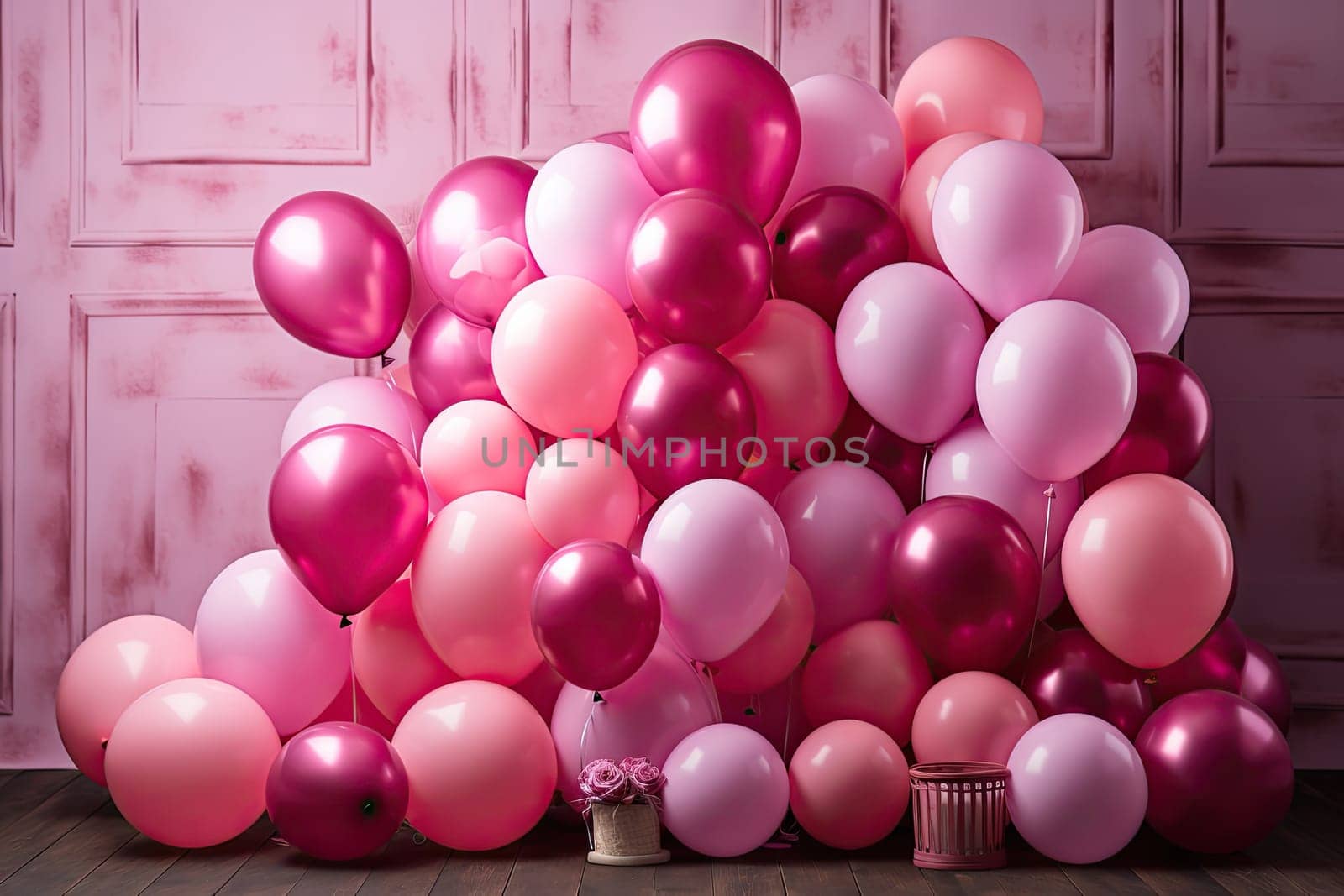 Colorful pink balloons in room prepared for birthday party.