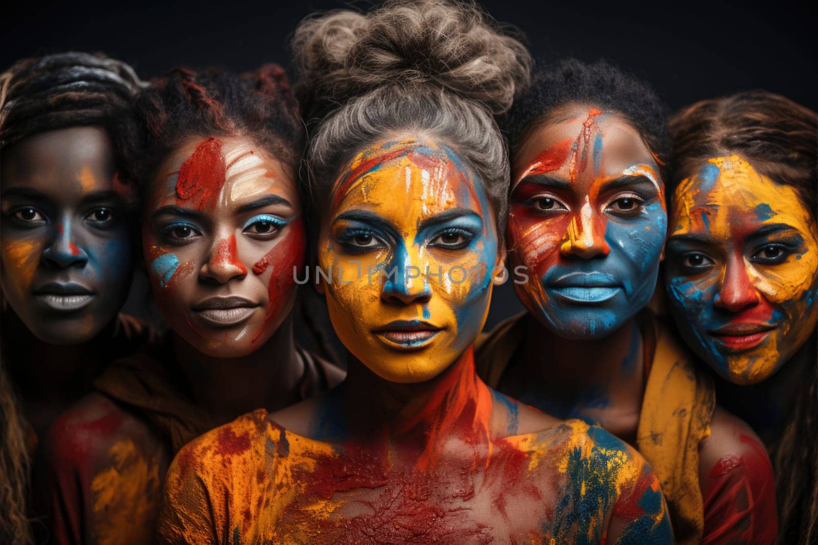 Proud LGBTQ people from different backgrounds with rainbow colored faces symbolizing LGBTQ people. The concept of diversity in genders and lifestyles. Pride month celebration. Sexual freedom, love and diversity concept. Gays, lesbians and queer persons.
